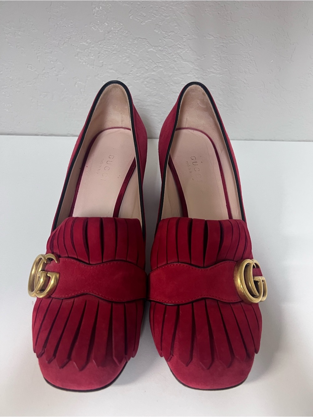 Gucci Red Suede Fringe Loafers with Gold Double G Accent